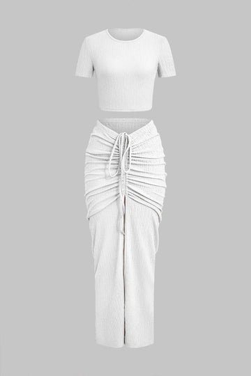 Textured Crop Top And Drawstring Ruched Skirt Set