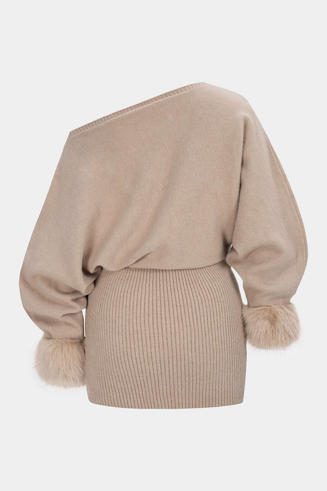 Knit Patchwork Faux Fur One Shoulder Long Sleeve Mini Dress