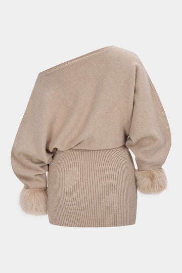 Knit Patchwork Faux Fur One Shoulder Long Sleeve Mini Dress