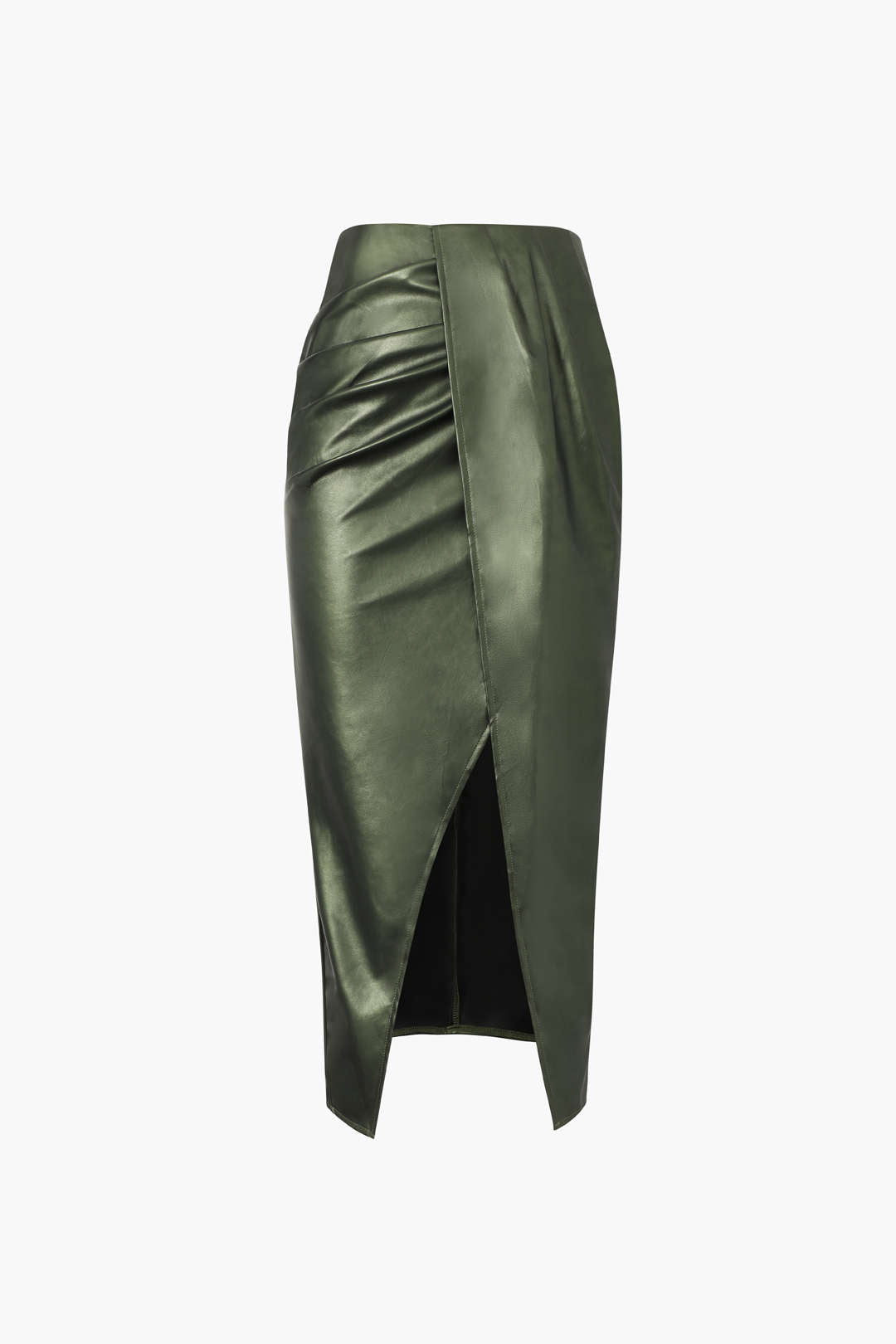 Metallic Asymmetric Ruched Slit Midi Skirt