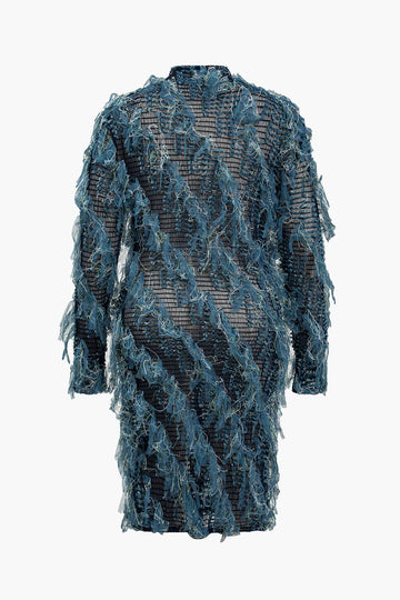 Plus Size Sheer Mesh Fringe Long Sleeve Mini Dress