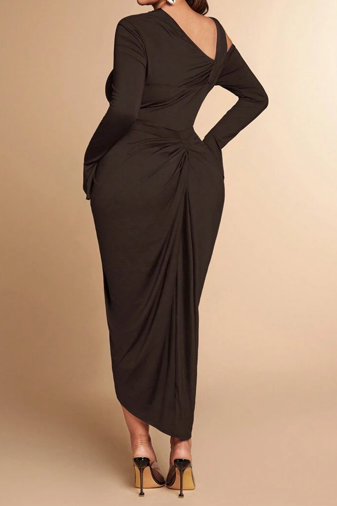 Plus Size Asymmetrical High Slit Ruched Long Sleeve Midi Dress