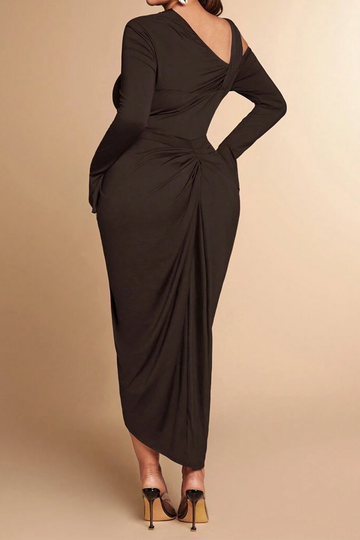 Plus Size Asymmetrical High Slit Ruched Long Sleeve Midi Dress