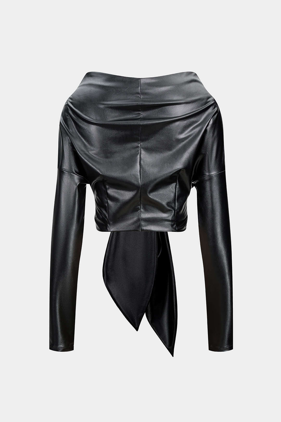 Faux Leather Tie Front Ruched Long-Sleeve Shirt