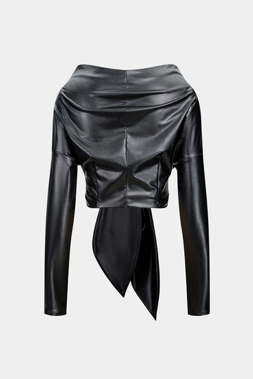 Faux Leather Tie Front Ruched Long-Sleeve Shirt