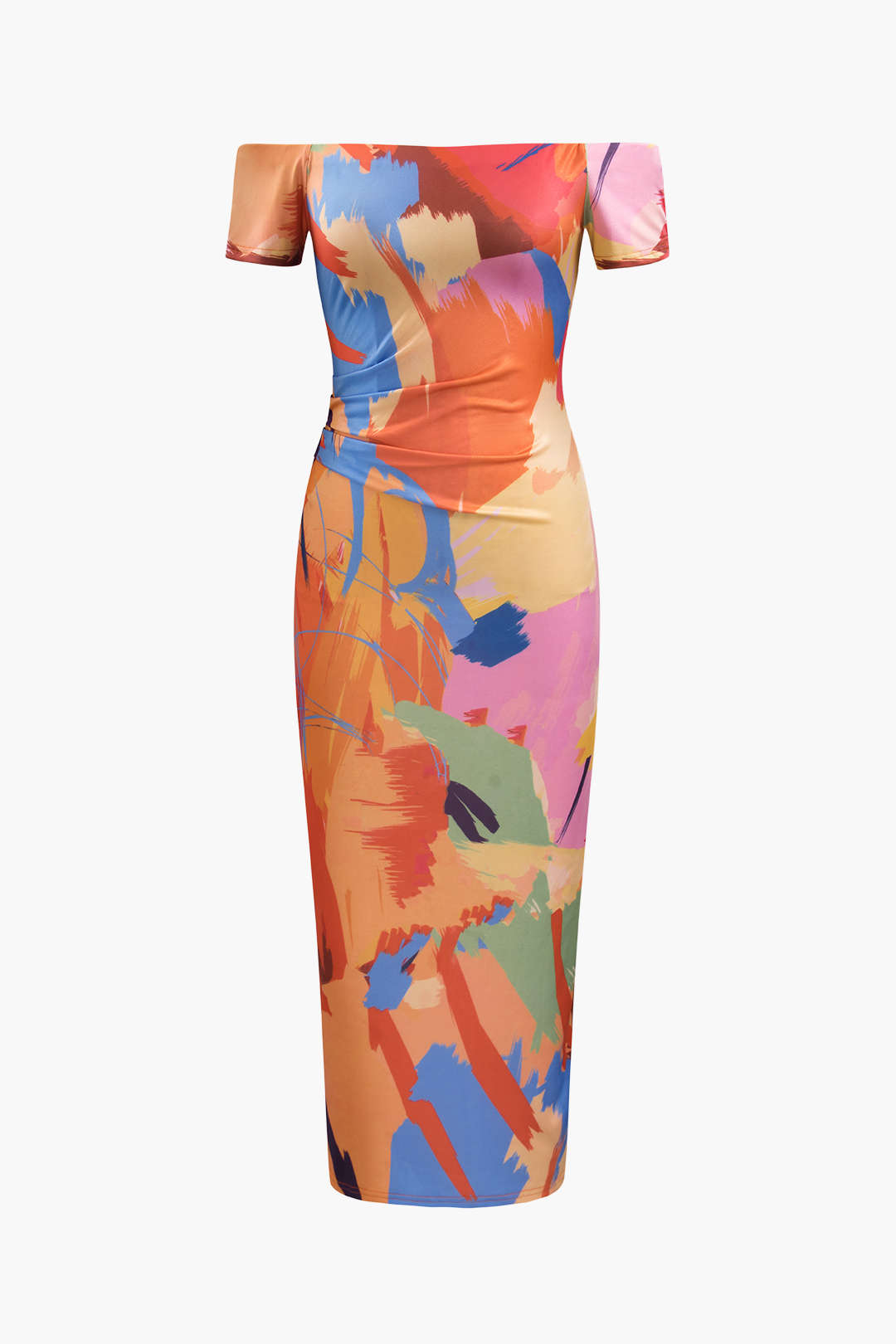 Abstract Print Off-Shoulder Ruched Midi Dress