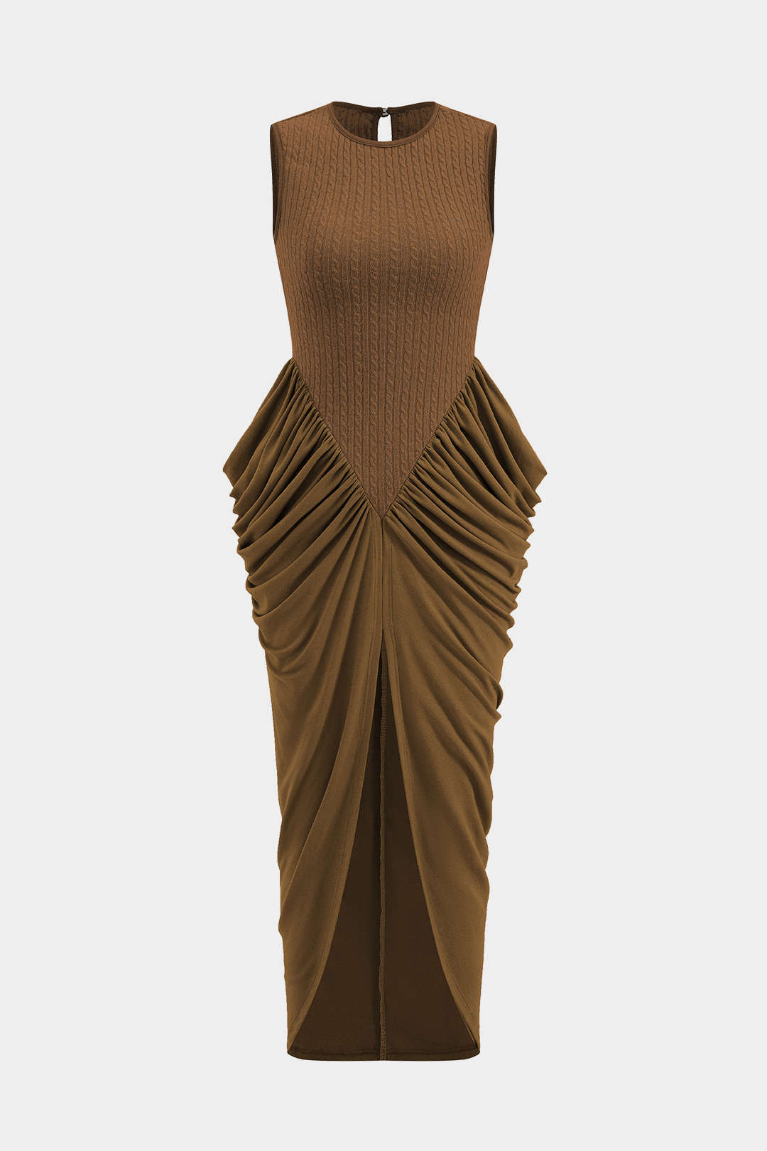 Ruched Sleeveless Round Neck Slit Maxi Dress