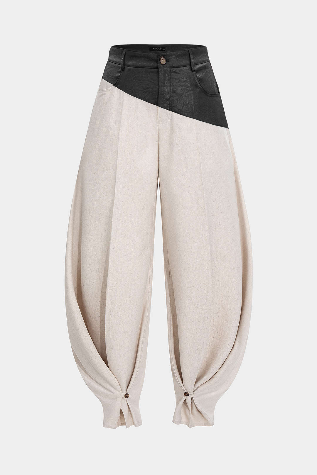 Faux Leather Ruched Patchwork Barrel Trousers