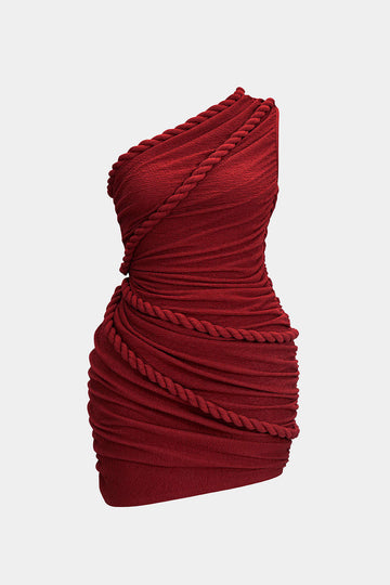 Plus Size Ruched One Shoulder Twist Knot Sleeveless Mini Dress