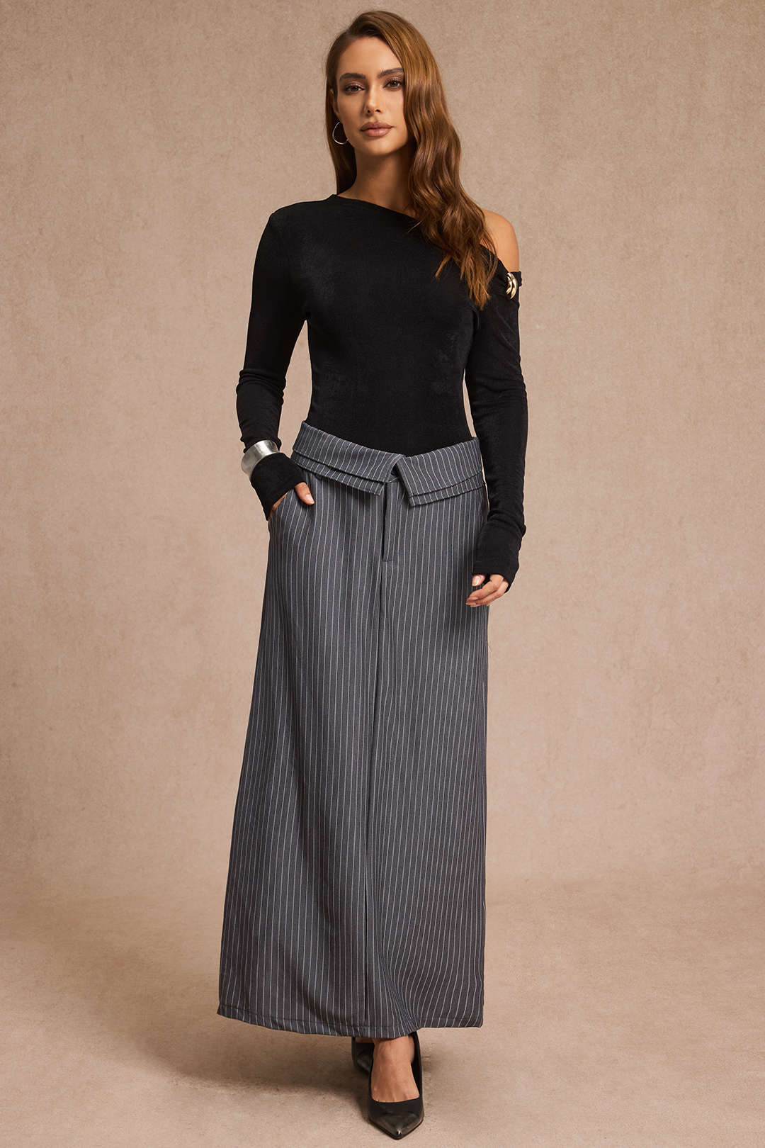 Stripes Print Split Skirt