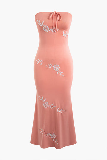 Rose Embroidery Strapless Knit Dress