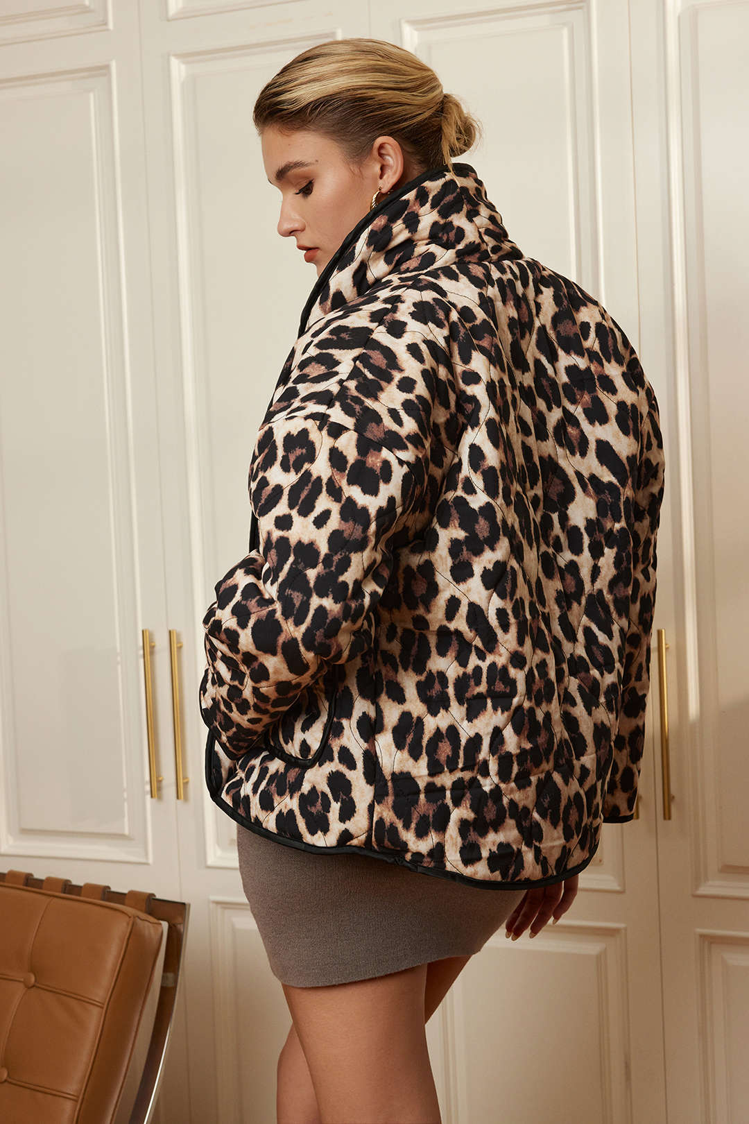 Leopard Print Contrast Binding Puffer