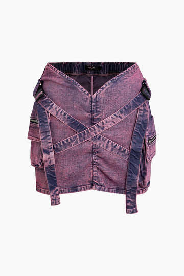 Denim cargorok met V-taille en gesp met klepzak