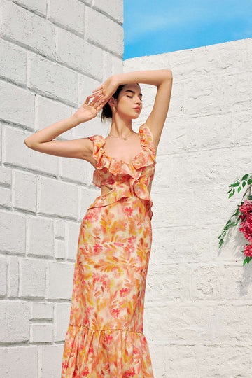 Floral Print V-neck Ruffle Tie Back Maxi Dress