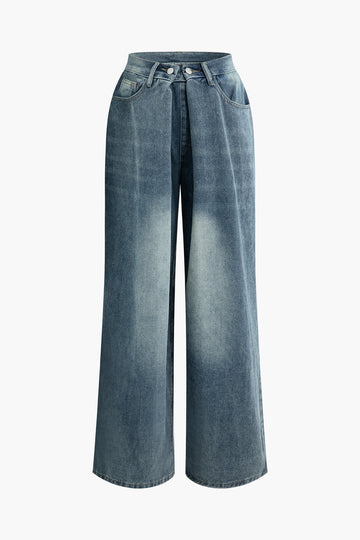 Faded Pleated Wide Leg Jeans