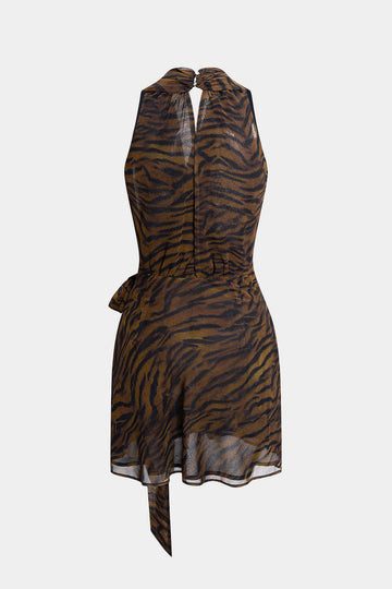 Tiger Print Chiffon V-Neck Asymmetrical Knotted Ruched Sleeveless Mini Dress