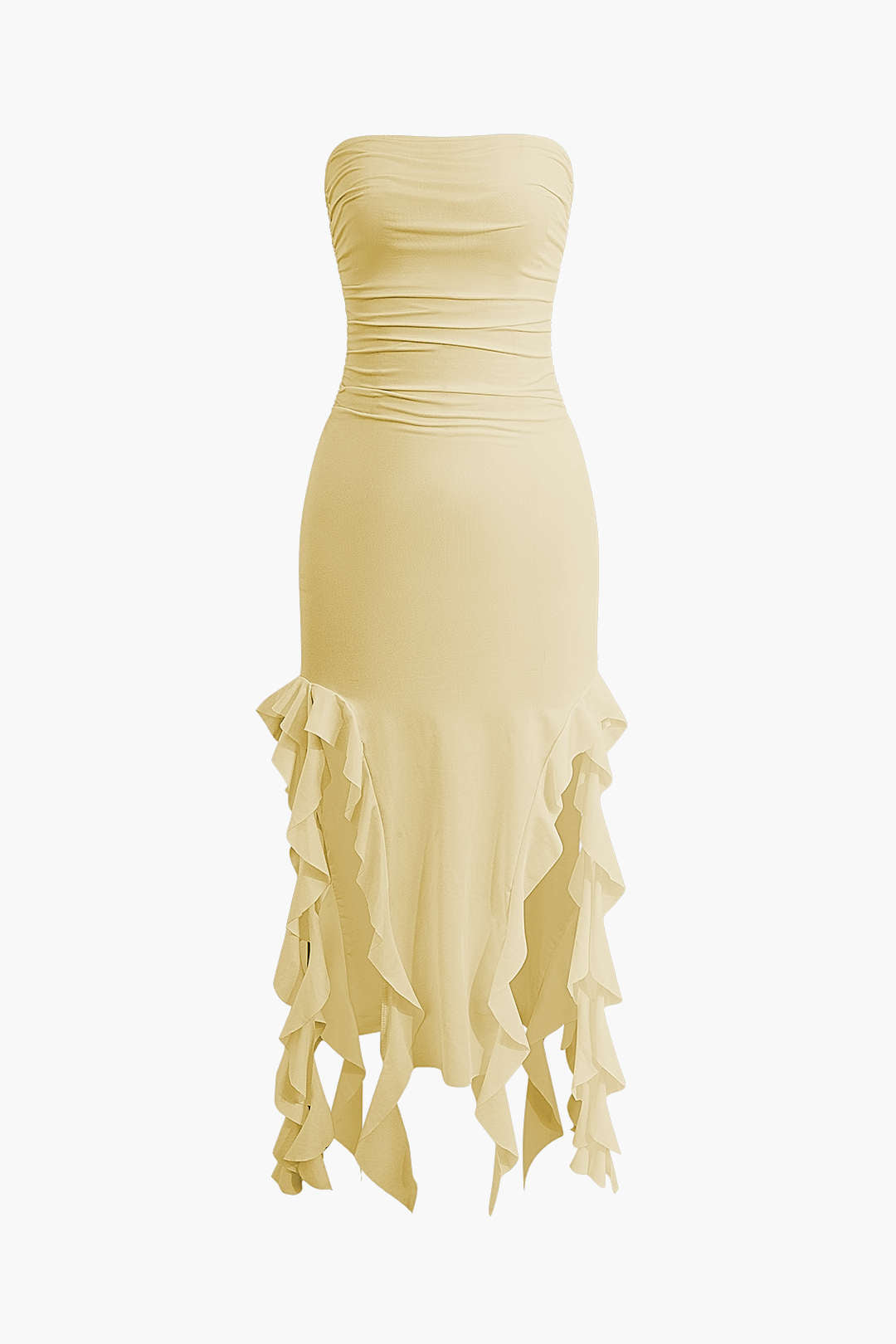 Solid Ruffle Hem Ruched Tube Maxi Dress