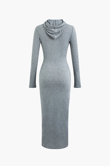 Solid Fitted Hooded Long Sleeve Maxi Dress