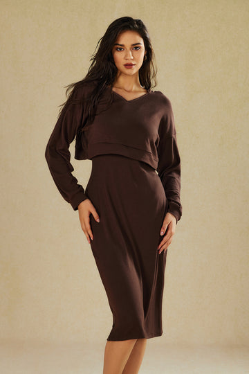 Basic ärmelloses maximales Kleid mit V-Ausschnitt und Sweatshirt-Set mit Kapuze