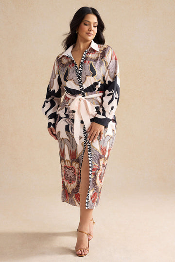 Plus Size Baroque Print Long Sleeve Tie Up Ruched Midi Dress