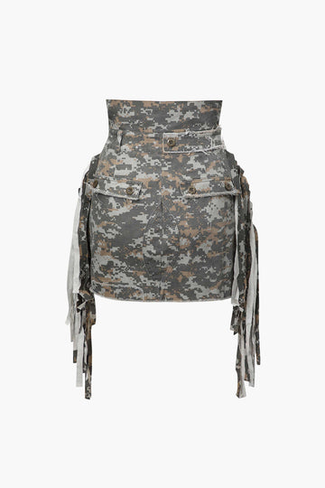 Camo Frayed Patchwork Fringe Mini Skirt