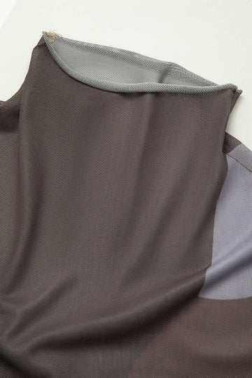 Abstract Print Sheer Mesh Mock Neck Long Sleeve Maxi Dress