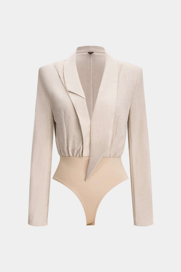 Notched Lapel Asymmetrical Long Sleeve Bodysuit