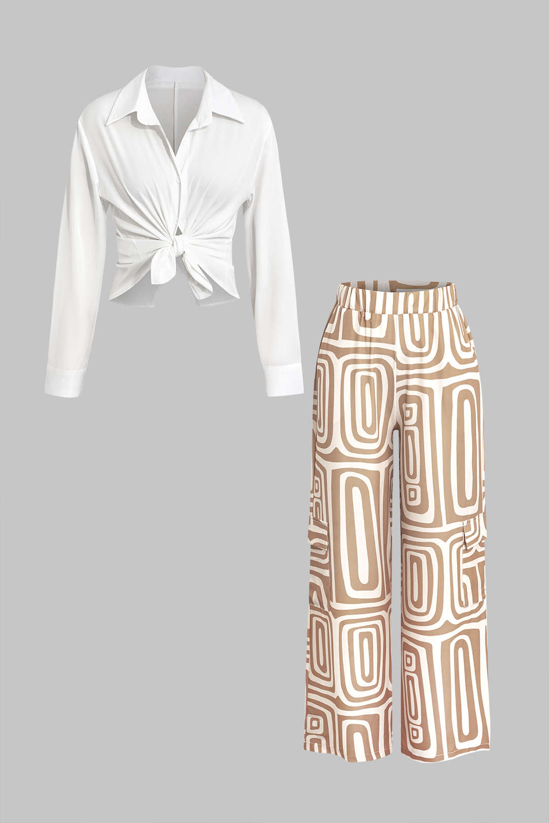 Solid Knot Shirt And Artistic Print Pants Set