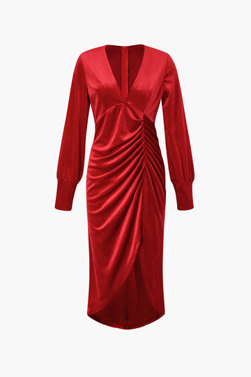 V-neck Pleated Velvet Midi Dress