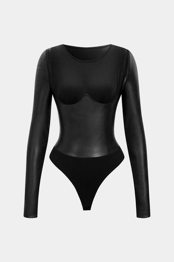 Faux Leather Patchwork Round Neck Long Sleeve Bodysuit