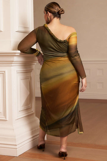 Plus Size Colorblock Print Mesh Ruched Asymmetrical Long Sleeve Midi Dress