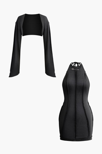 Pin Detail Tie Backless Mini Dress And Long Sleeve Crop Cardigan Set