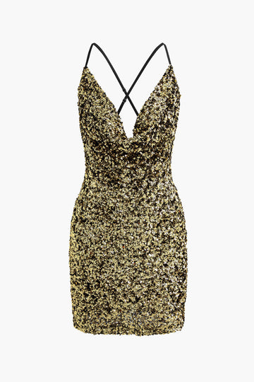 Sequin Cowl Neck Strappy Mini Dress