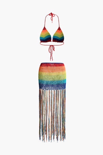 Rainbow Tie Halter Cami Top And Crochet Fringe Hem Skirt Set