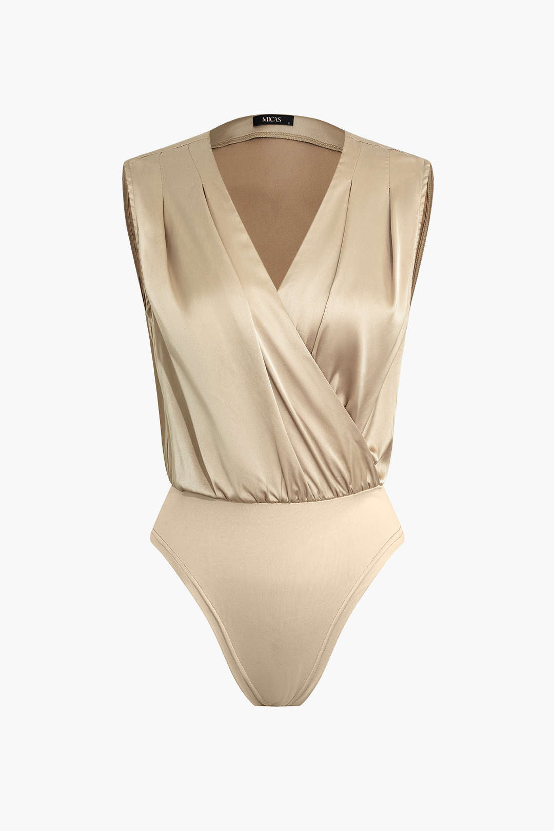 Satin V-Ausschnitt Riched getäfelter ärmelloser Bodysuit