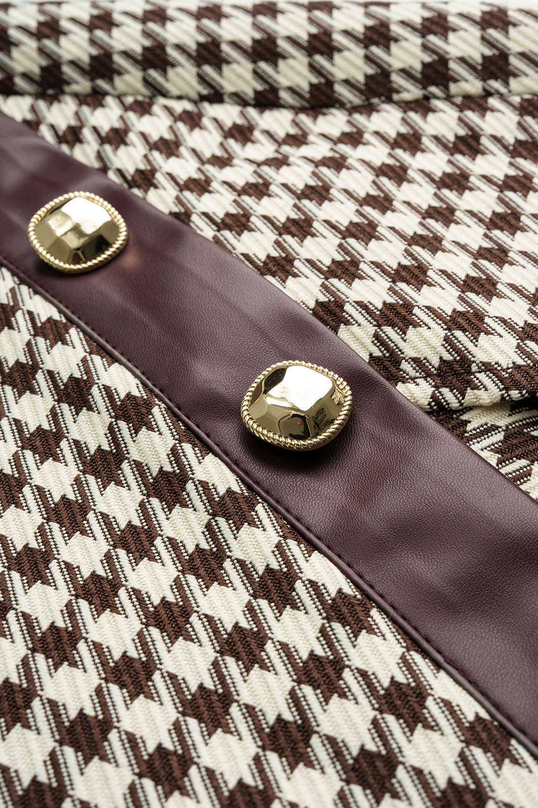 Houndstooth Print Faux Leather Patchwork Asymmetrical Side Split Skirt