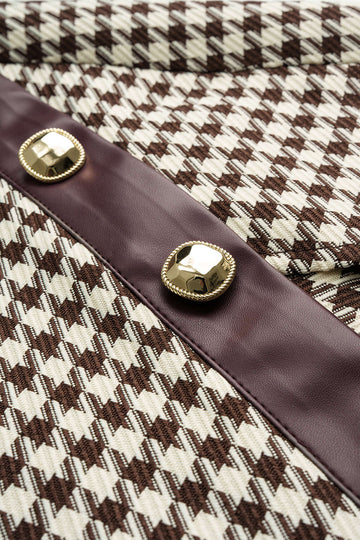 Houndstooth Print Faux Leather Patchwork Asymmetrical Side Split Skirt