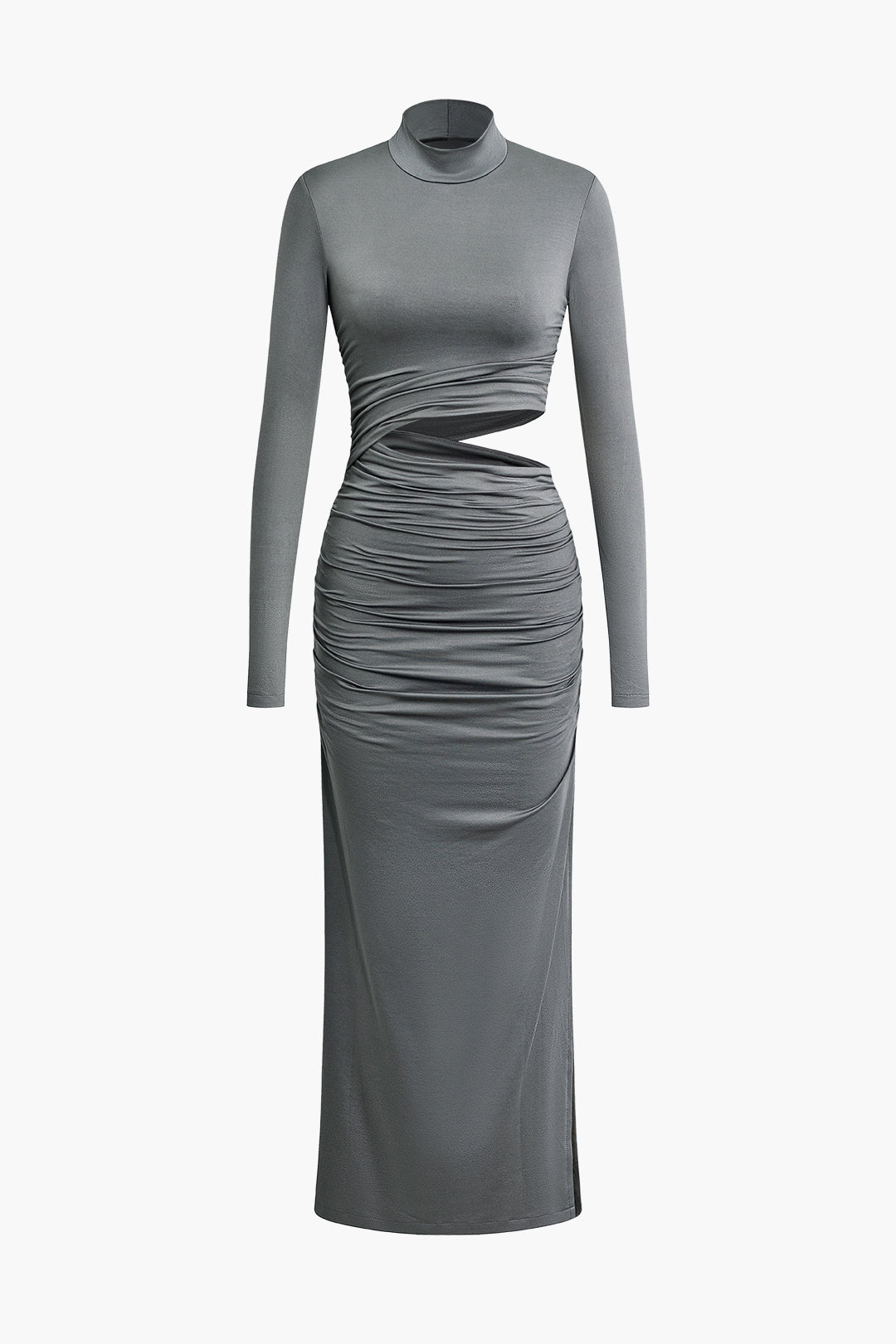 Mock Neck Cut Out Ruched Long Sleeve Midi Dress