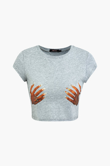 Hands Print Round Neck Crop T-shirt