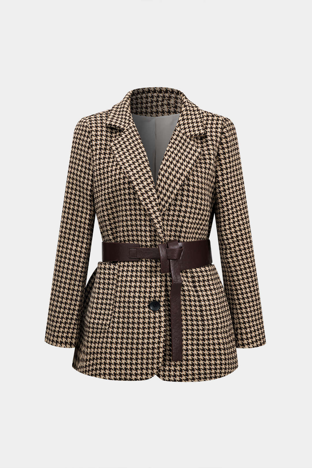 Houndstooth Notched Lapel Belted Blazer