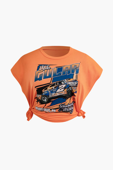 Race Car Print Knot Round Neck Side-slit Cut Out T-shirt