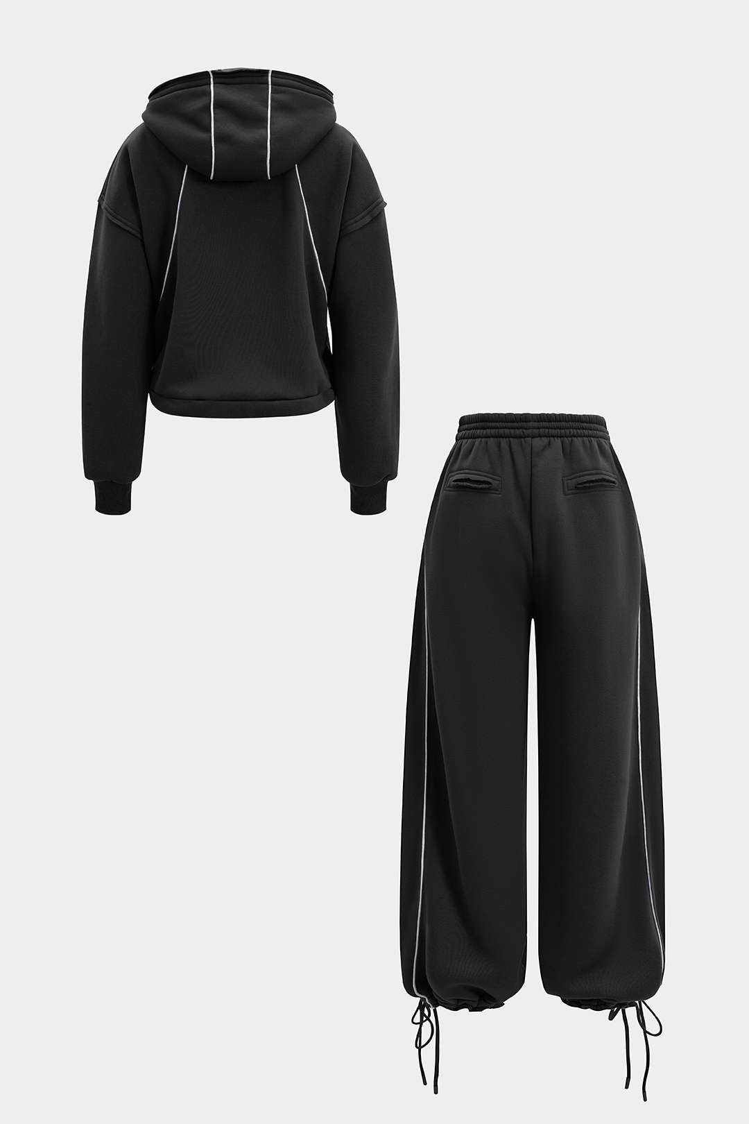 Drawstring Zipper Hoodie And Straight Leg Tie-Up Trousers Set