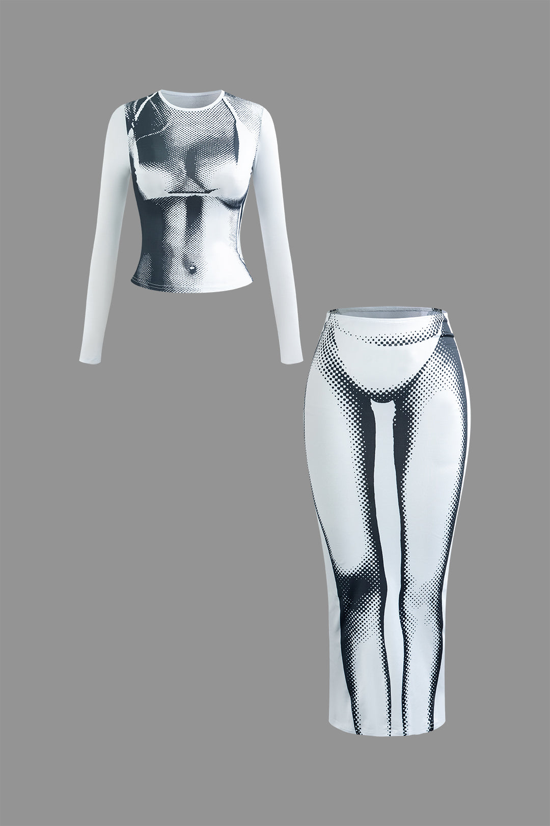 Body Print Long Sleeve Top And Maxi Skirt Set