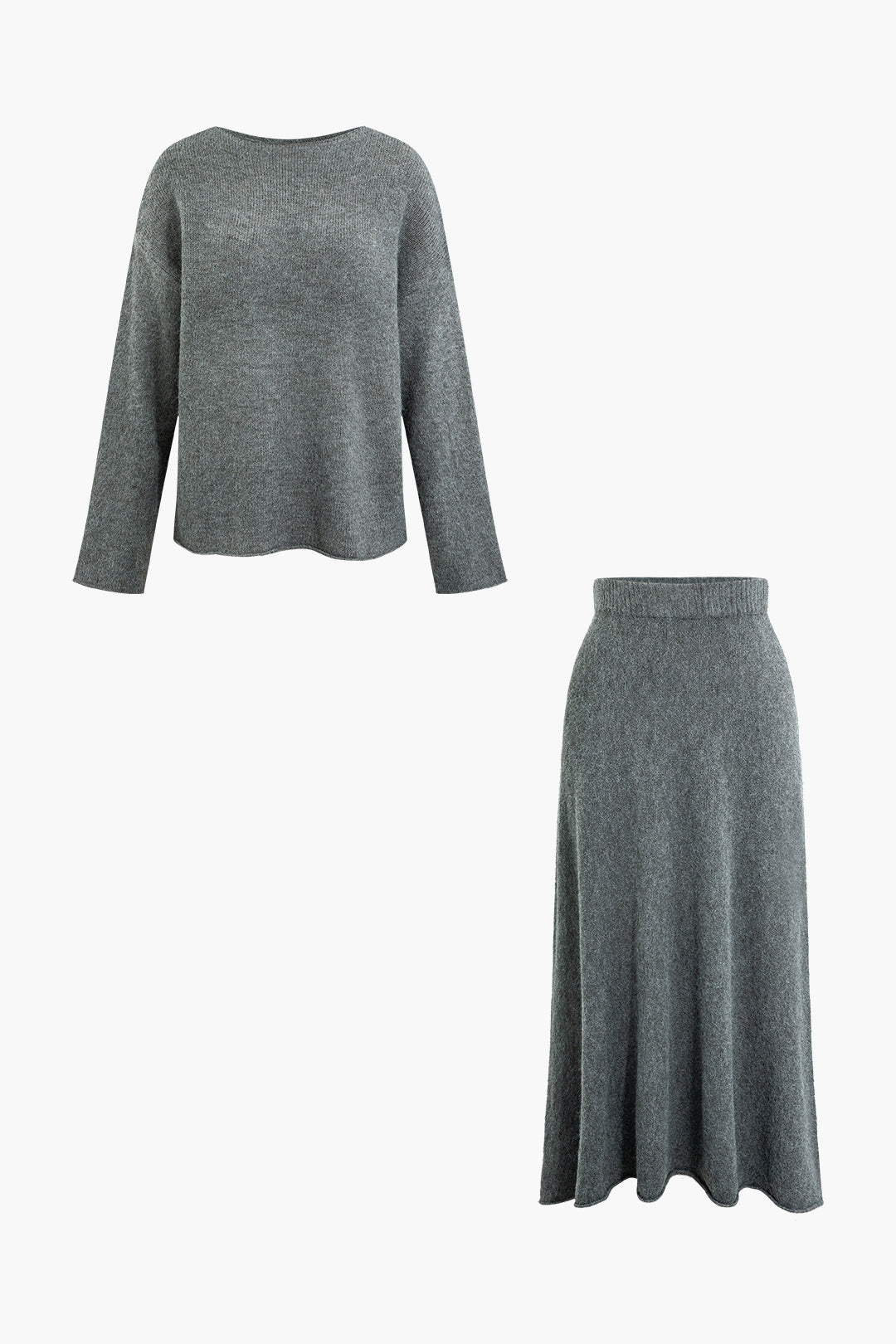 Long Sleeve Knit Top And Knit High Waisted Draped Midi Skirt Set