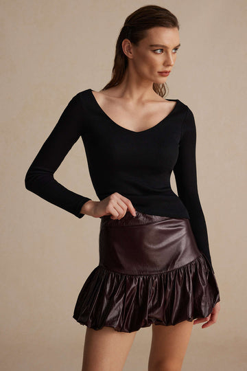 Solid Faux Leather Ruched Skirt