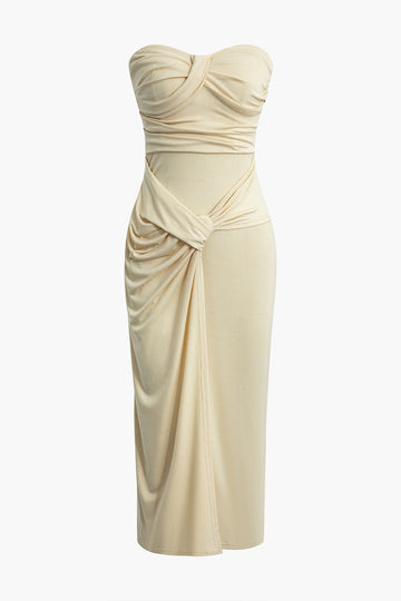 Solid Ruched Strapless Midi Dress