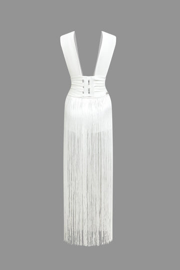 Sleeveless Tassel V-neck Backless Maxi Dress
