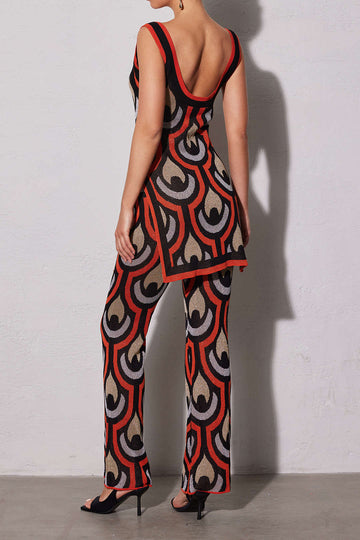 Geometric Pattern Knit Slit Sleeveless Mini Dress