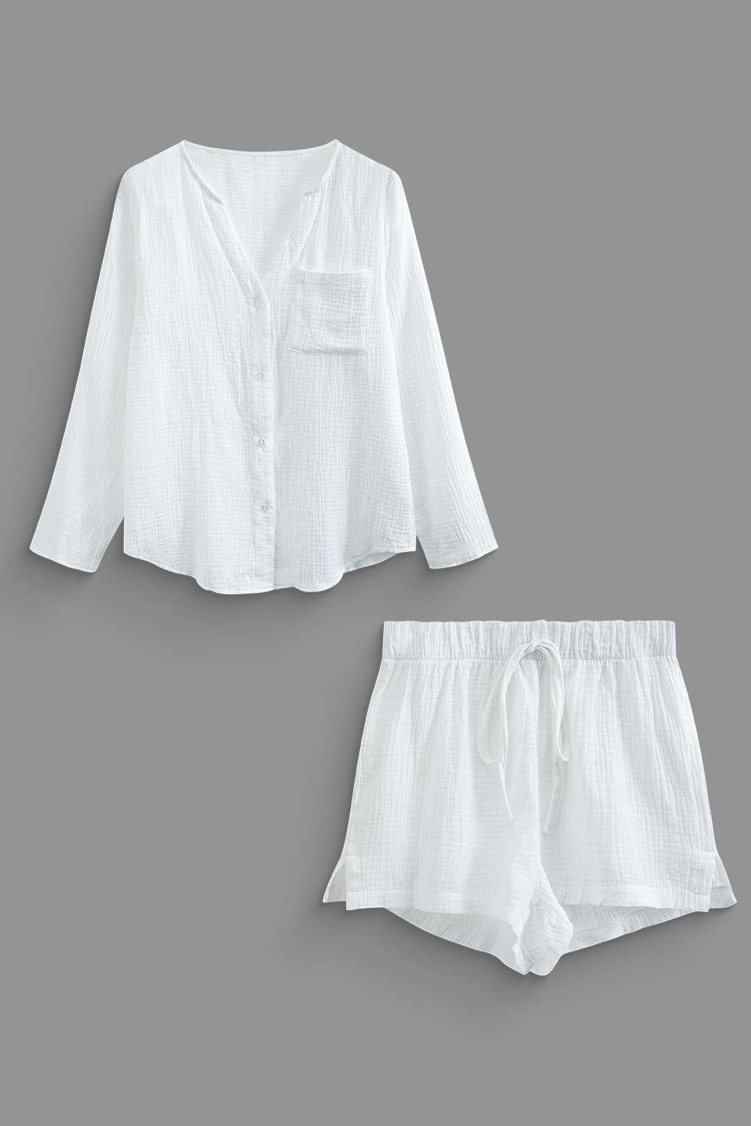V-neck Button Up Long Sleeve Shirt And Tie Waist Shorts Set