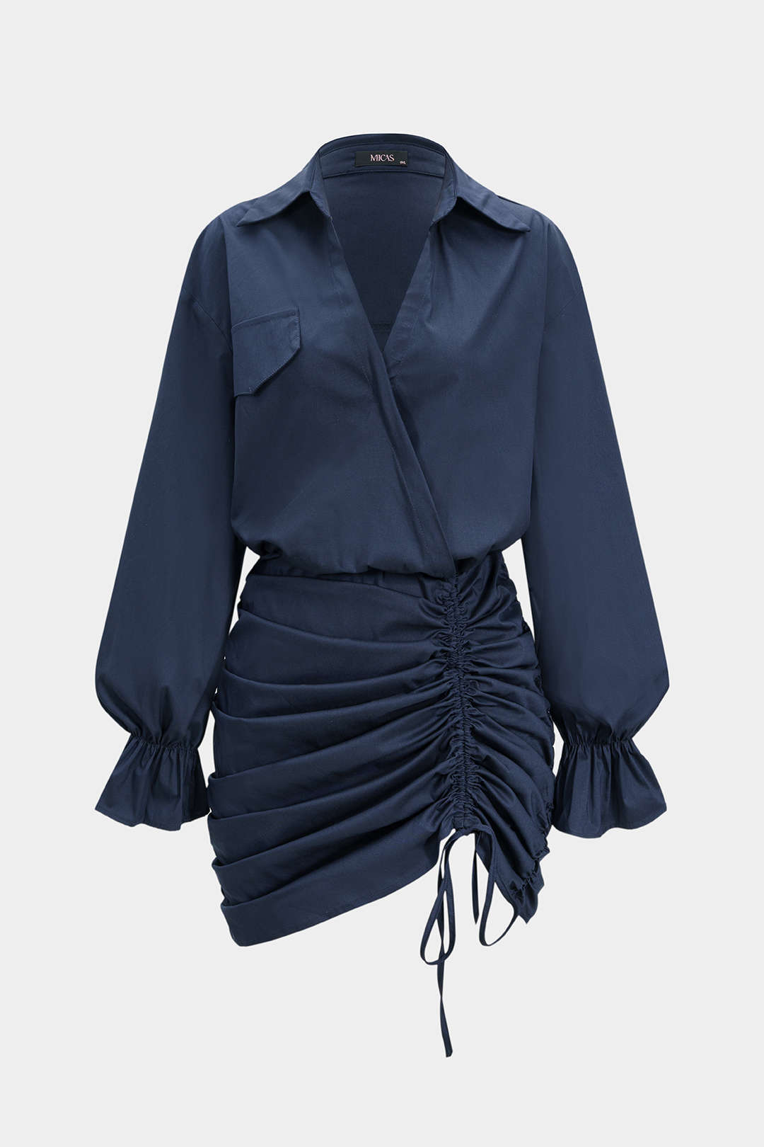 Ruched V-Neck Drawstring Ruffle Long Sleeve Mini Dress